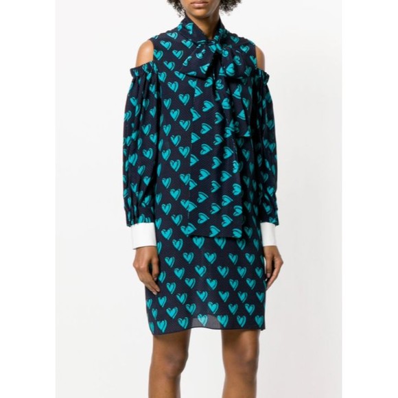 FENDI Navy Blue Heart Print Silk Cotton Cold Shoulder Shirt Dress 4 US 40IT - Picture 1 of 10
